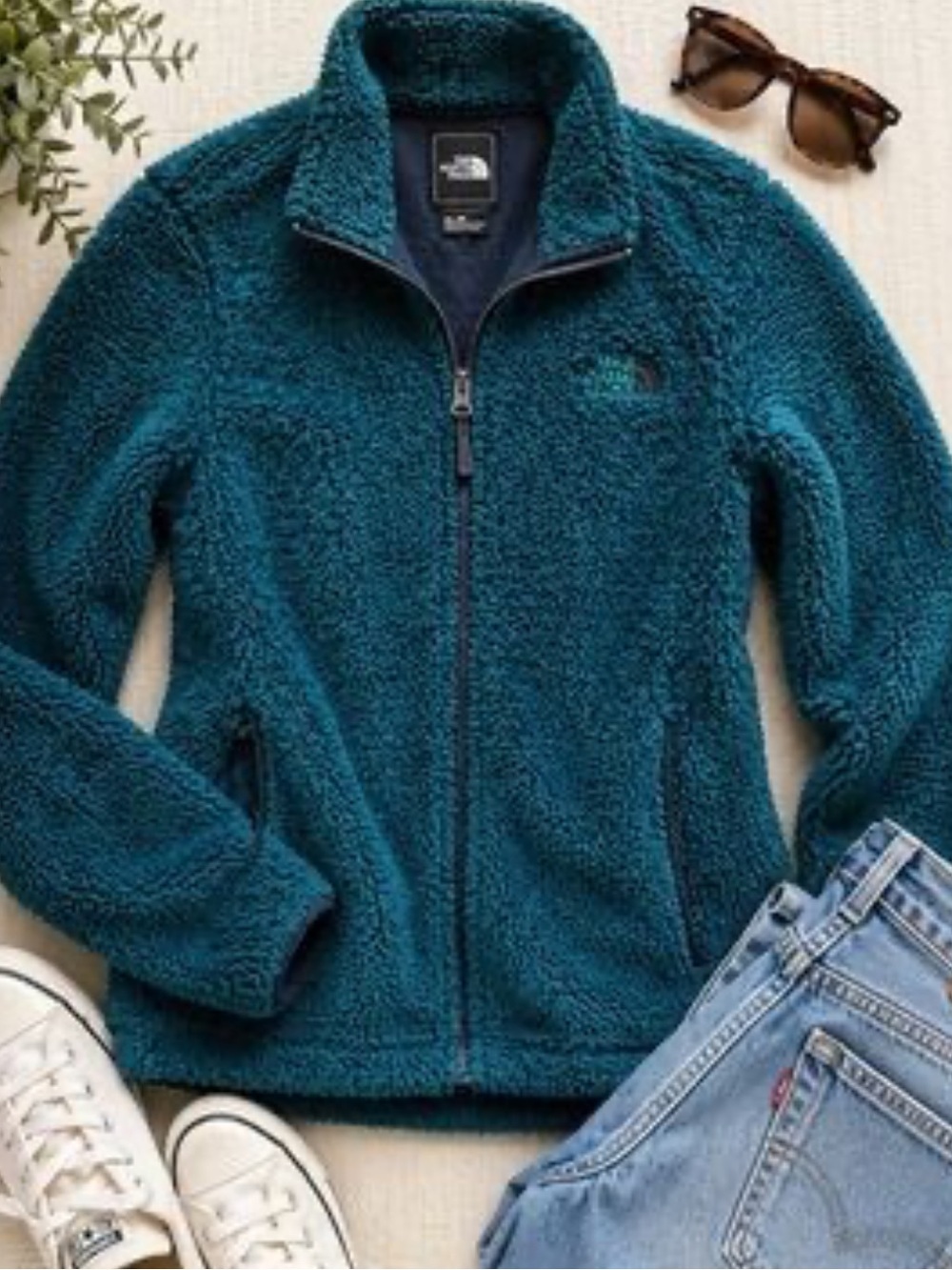The North Face Teal Textured Sherpa Zip-Up Jacket